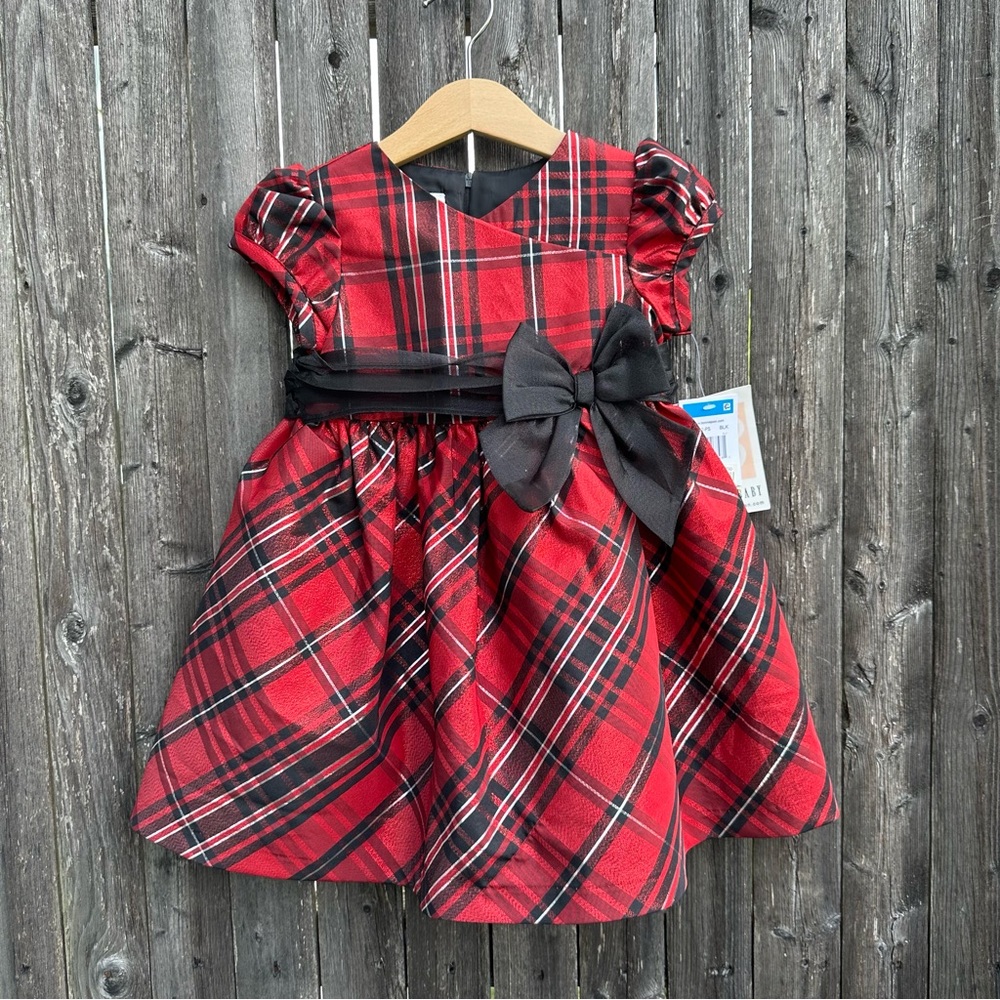Bonnie Baby Plaid Metallic Bow Detail Holiday Dress in Red/Black Size 24 Months